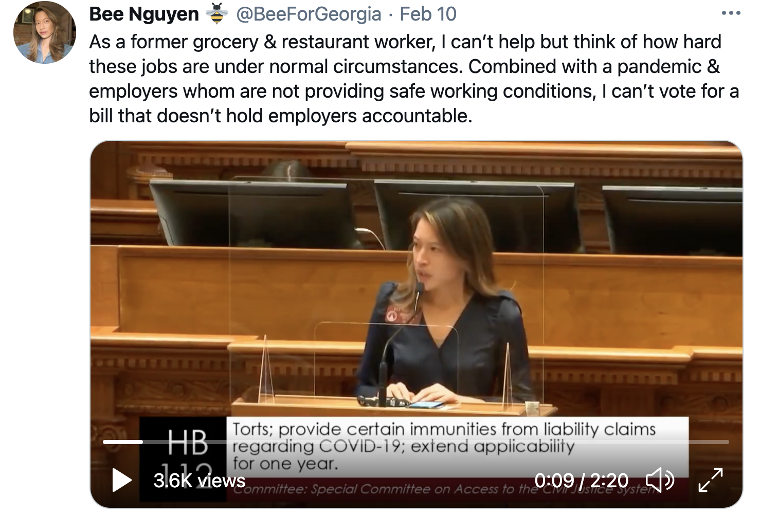 Bee Nguyen: As a former grocery & restaurant worker, I can't help but think of how hard these jobs are under normal circumstances. Combined with a pandemic & employers whom are not providing safe working conditions, I can't vote for a bill that doesn't hold employers accountable.