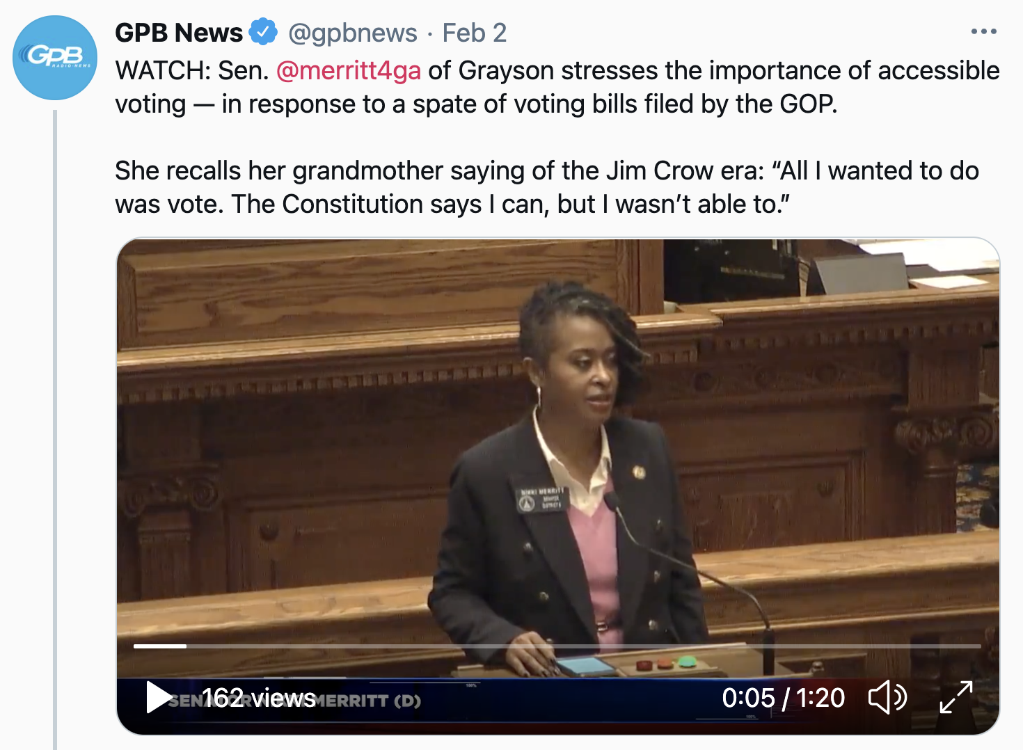 GPB News: WATCH: Sen. @merritt4ga of Grayson stresses the importance of accessible voting -- in response to a spate of voting bills filed by the GOP. She recalls her grandmother saying of the Jim Crow era: 