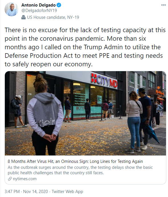 There is no excuse for the lack of testing capacity at this point in the coronavirus pandemic. More than six months ago I called on the Trump Admin to utilize the Defense Production Act to meet PPE and testing needs to safely reopen our economy.