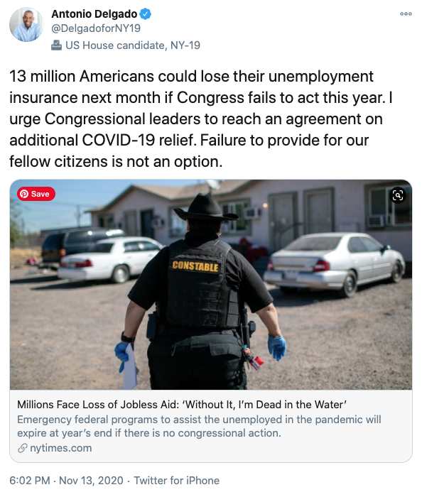 13 million Americans could lose their unemployment insurance next month if Congress fails to act this year. I urge Congressional leaders to reach an agreement on additional COVID-19 relief. Failure to provide for our fellow citizens is not an option.