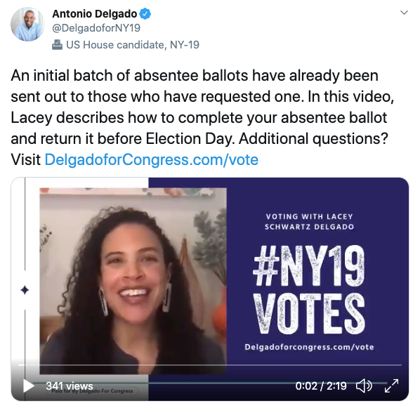 An initial batch of absentee ballots have already been sent out to those who have requested one. In this video, Lacey describes how to complete your absentee ballot and return it before Election Day. Additional questions? Visit http://DelgadoforCongress.com/vote