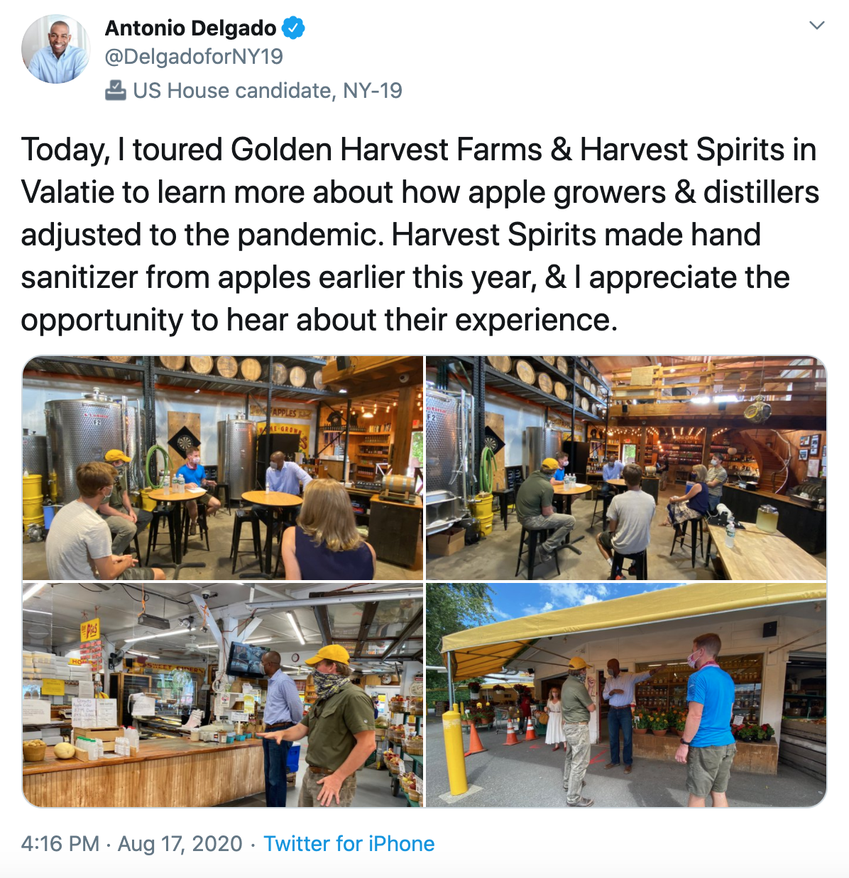 Today, I toured Golden Harvest Farms & Harvest Spirits in Valatie to learn more about how apple growers & distillers adjusted to the pandemic. Harvest Spirits made hand sanitizer from apples earlier this year, & I appreciate the opportunity to hear about their experience.