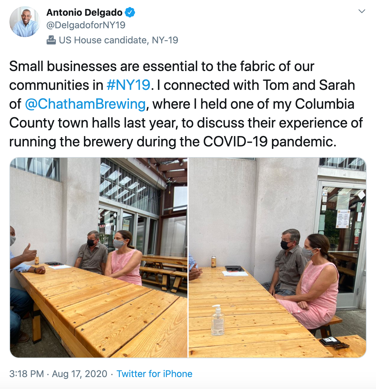 Small businesses are essential to the fabric of our communities in #NY19. I connected with Tom and Sarah of @ChathamBrewing , where I held one of my Columbia County town halls last year, to discuss their experience of running the brewery during the COVID-19 pandemic.