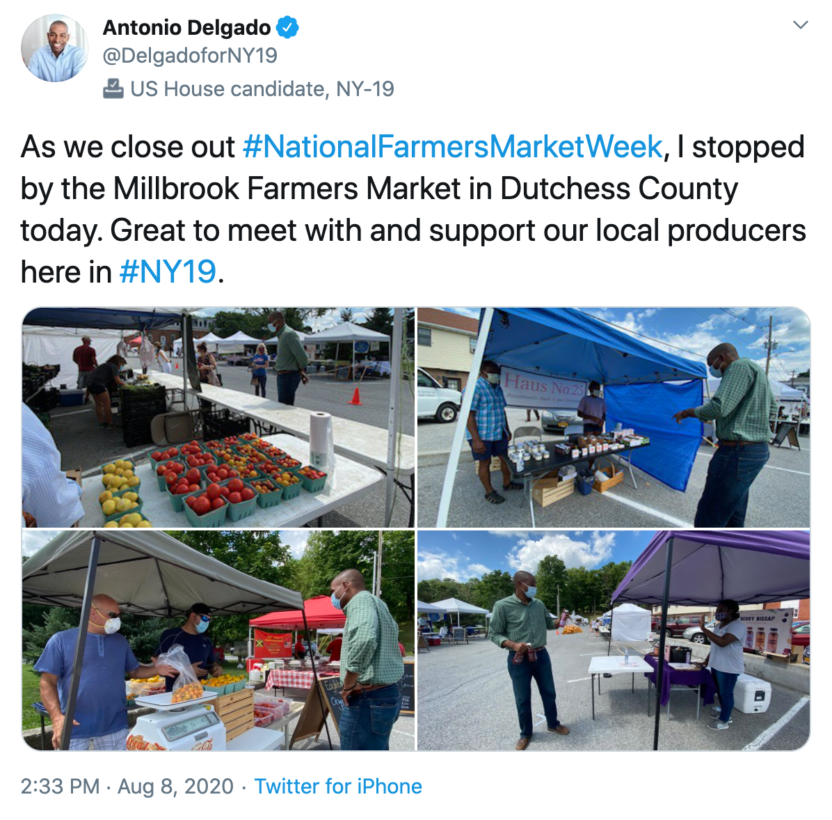 As we close out #NationalFarmersMarketWeek, I stopped by the Millbrook Farmers Market in Dutchess County today. Great to meet with and support our local producers here in #NY19.