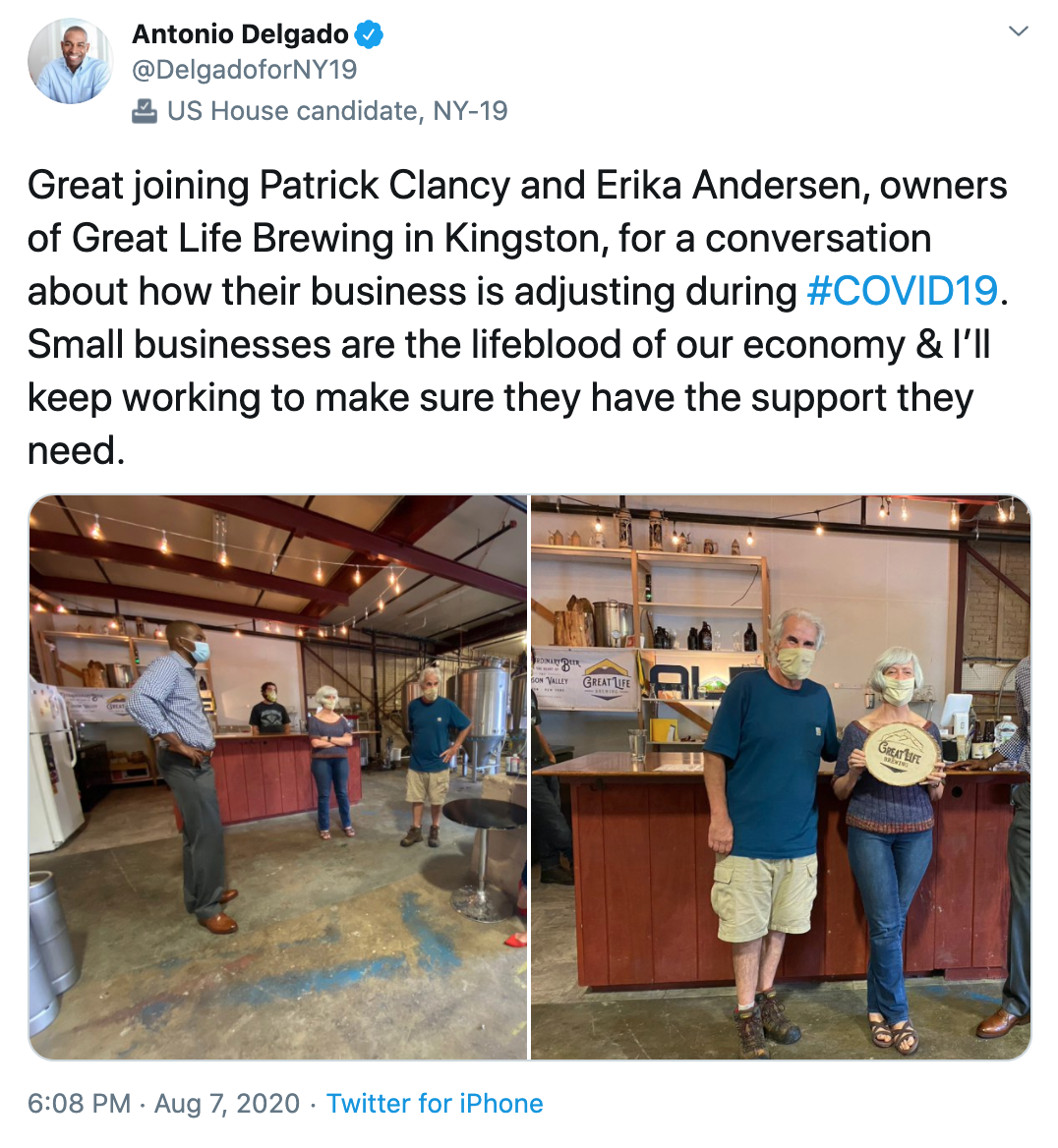 Great joining Patrick Clancy and Erika Andersen, owners of Great Life Brewing in Kingston, for a conversation about how their business is adjusting during #COVID19. Small businesses are the lifeblood of our economy & I’ll keep working to make sure they have the support they need.