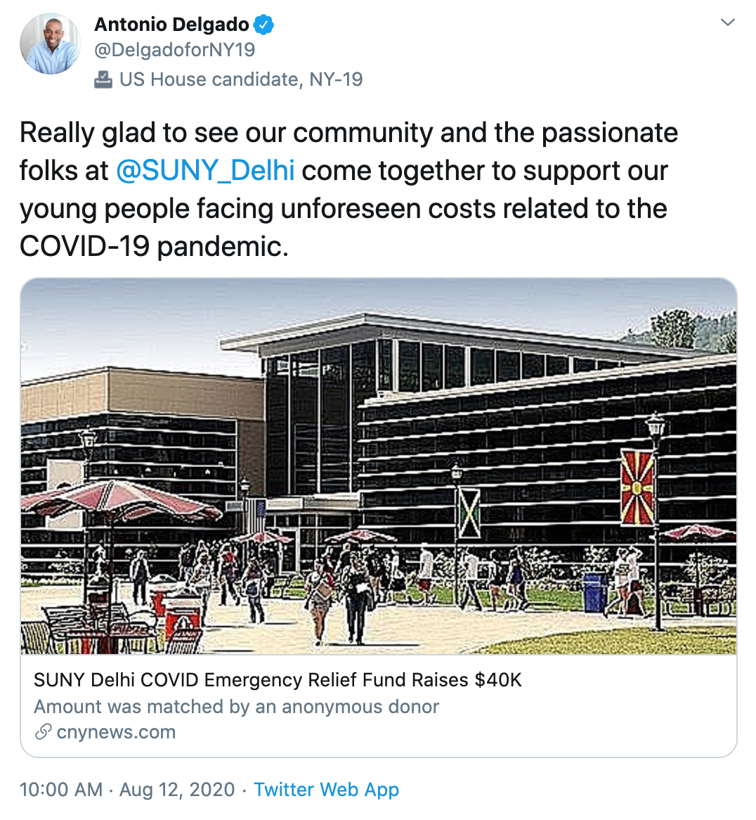 Really glad to see our community and the passionate folks at @SUNY_Delhi come together to support our young people facing unforeseen costs related to the COVID-19 pandemic.