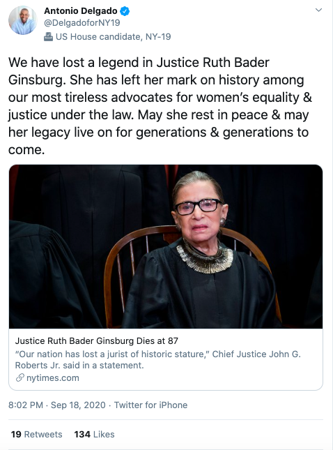 We have lost a legend in Justice Ruth Bader Ginsburg. She has left her mark on history among our most tireless advocates for women’s equality & justice under the law. May she rest in peace & may her legacy live on for generations & generations to come.